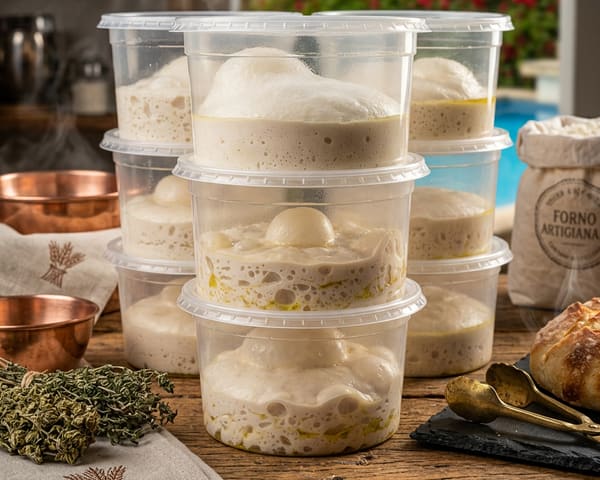 Potes empilhados com bolas de massa em fermentação, com as bolhas de ar bem visíveis, sobre mesa de madeira ao lado de um saco de farinha